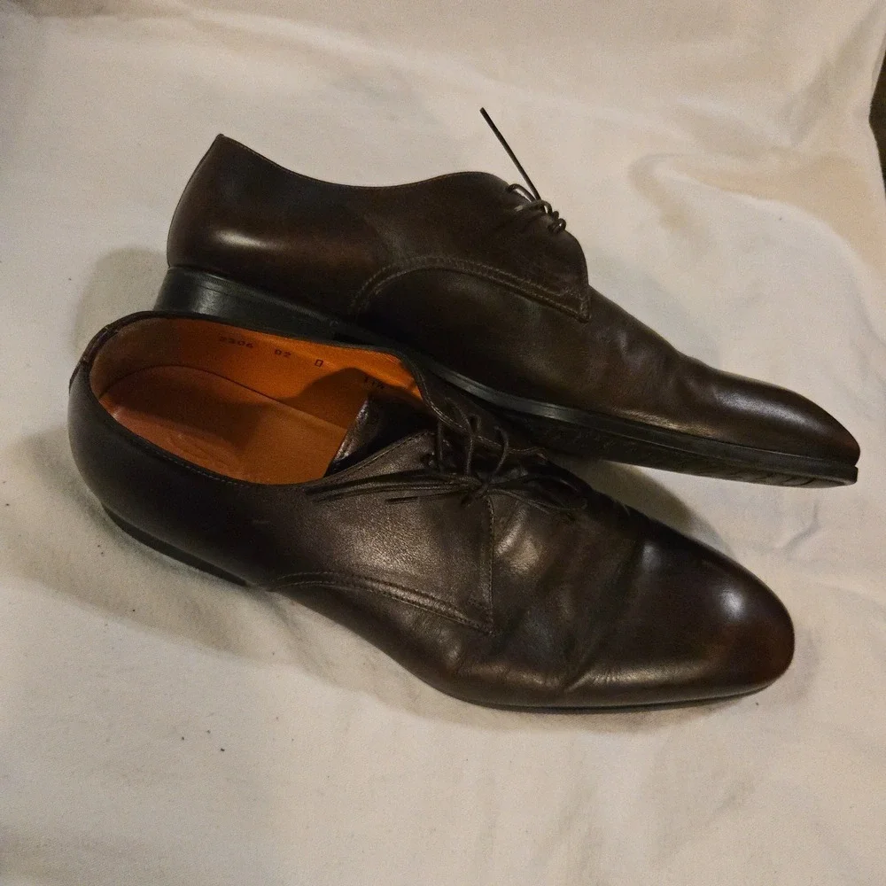 Santoni Derby 11.5 Dress Shoes Luxury Italian Mens Brown Leather Lace Up Italy